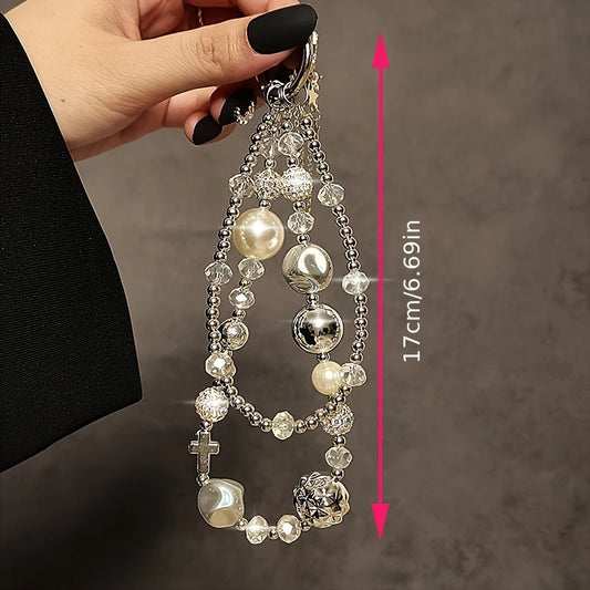 Handmade high-texture double chain rhinestone beads, creative mobile phone lanyard lanyard, camera lanyard chain, portable chain wristband, portable pendant pendant, mobile phone camera ornament