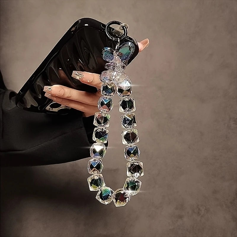 1pc New Style Fashion Black Butterfly Diamond Checkered Mobile Phone Chain Beaded Hand Chain Wrist Short Lanyard With Clip Bag Hanging Parts