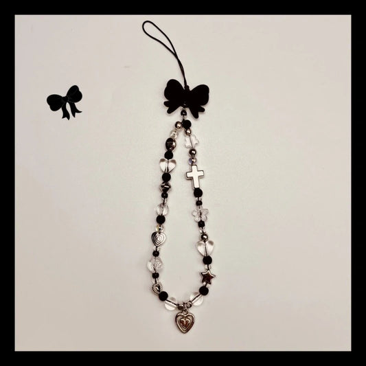 Handmade Pendant] Stylish Handmade Black Heart Pendant Phone Lanyard | Durable Plastic Material, Unique Handmade Touch, Camera Charm Strap, Cross Charm & BeadedDesign