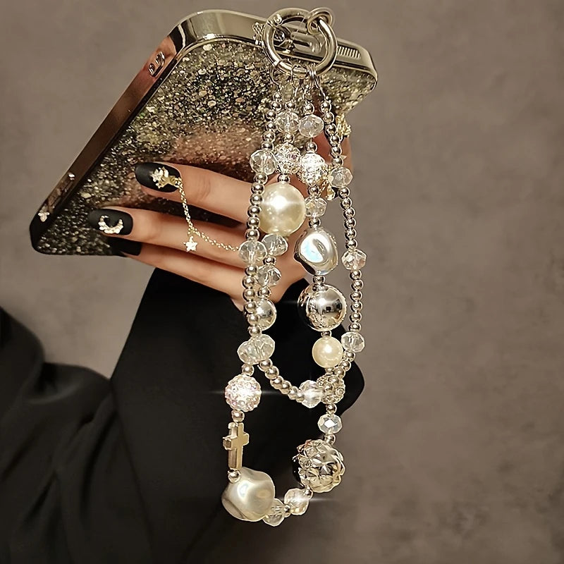 Handmade high-texture double chain rhinestone beads, creative mobile phone lanyard lanyard, camera lanyard chain, portable chain wristband, portable pendant pendant, mobile phone camera ornament