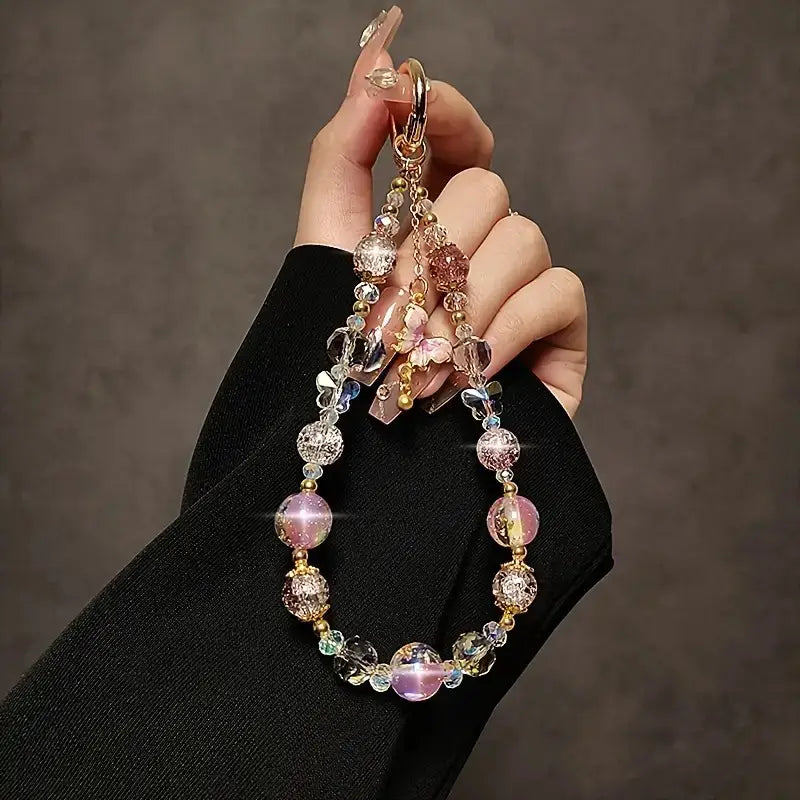 Luxury Butterfly Beaded Phone Wrist Strap with Golden Pearl Accents Handcrafted Mobile Lanyard Keychain Elegant Smartphone Accessory with Transparent Clip