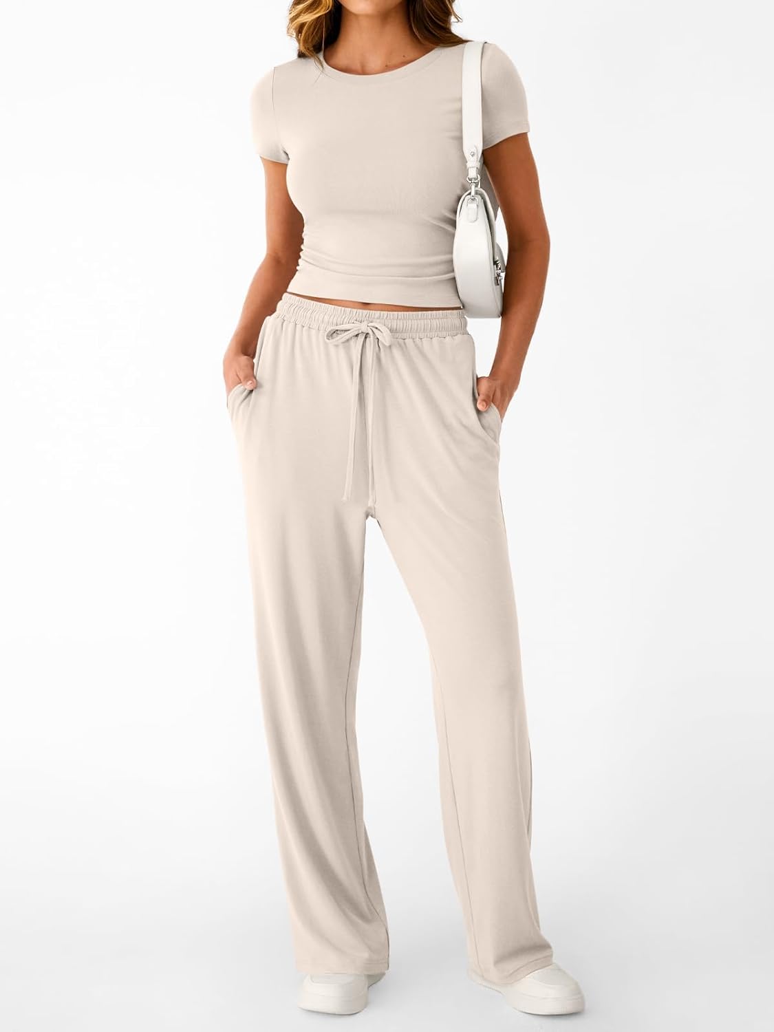 Trendy Queen 2 Piece Matching Summer Sweatsuit Lounge Set Womens Wide Leg Pants Side Ruching Crop Top Sets