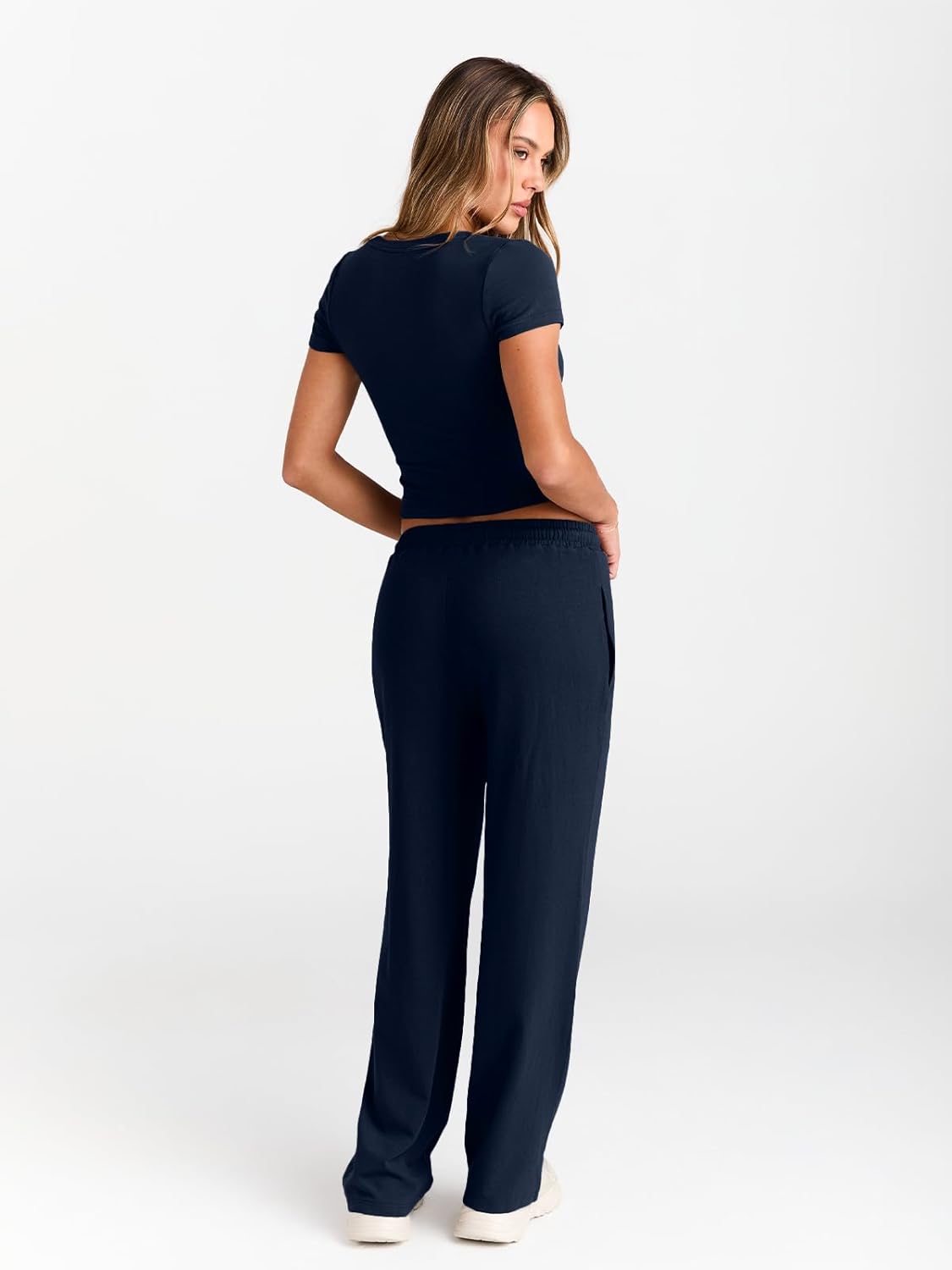 Trendy Queen 2 Piece Matching Summer Sweatsuit Lounge Set Womens Wide Leg Pants Side Ruching Crop Top Sets