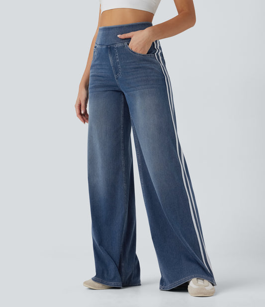 FYsuper-High Waisted Stripe Wide Leg Flowy Washed Casual Jeans with Pockets