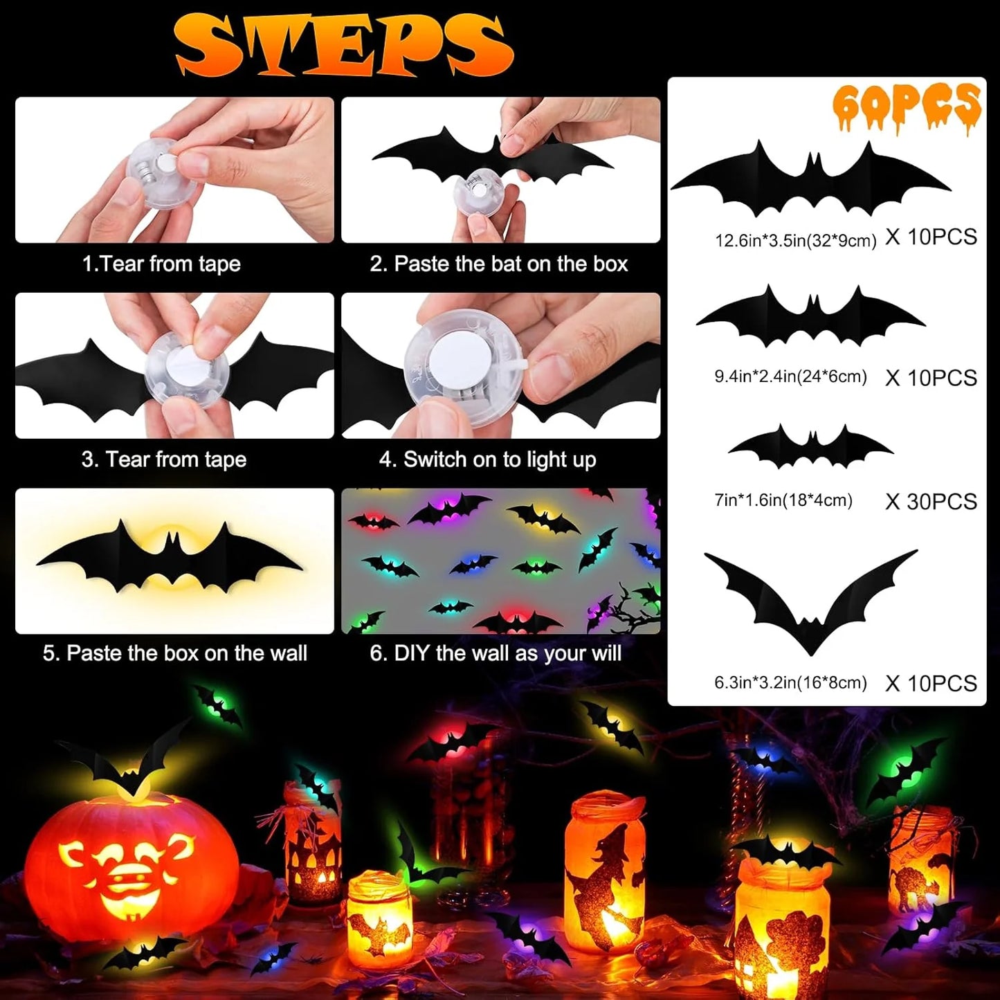 🦇✨ 3D LED Bat Decor Lights - 12 Pc Set with Multi-Color Flashing Lights | Waterproof & Reusable Halloween Window Decals 🎃 Amazon's Choice for Outdoor Scary Decor✨🦇