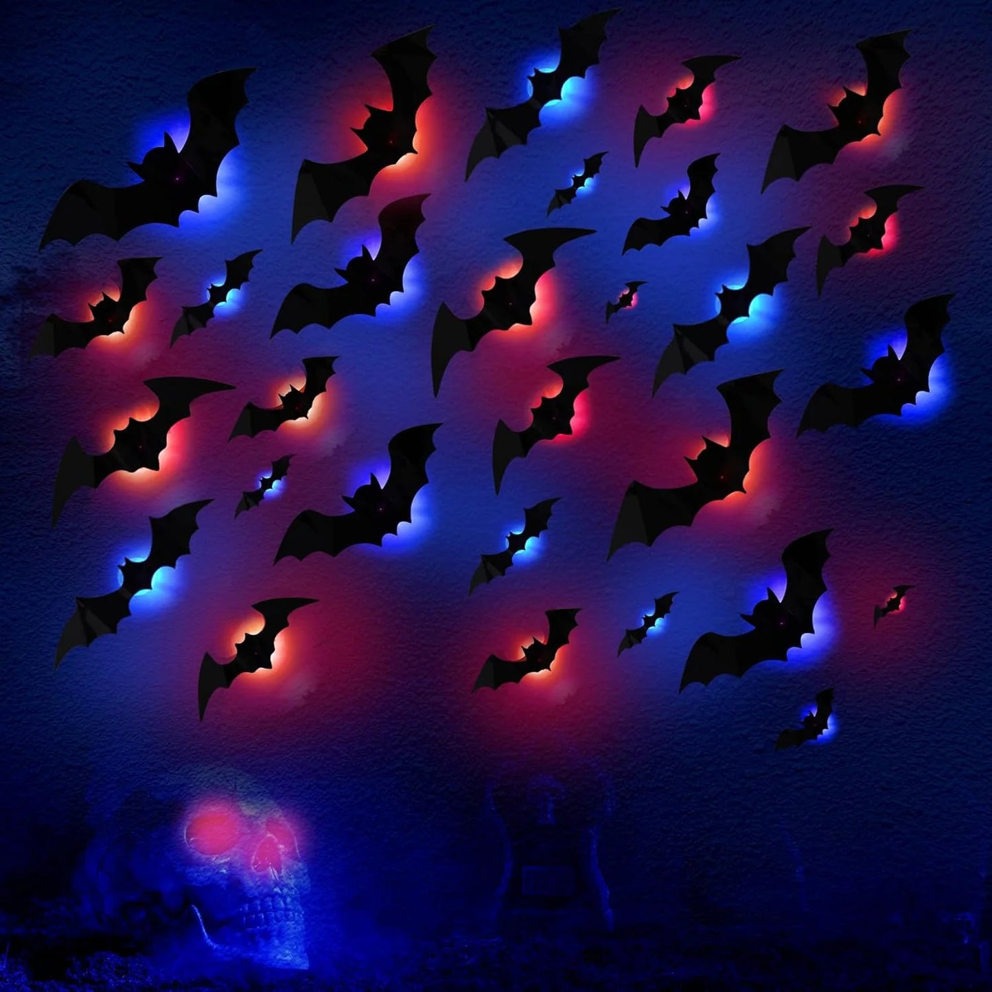 🦇✨ 3D LED Bat Decor Lights - 12 Pc Set with Multi-Color Flashing Lights | Waterproof & Reusable Halloween Window Decals 🎃 Amazon's Choice for Outdoor Scary Decor✨🦇