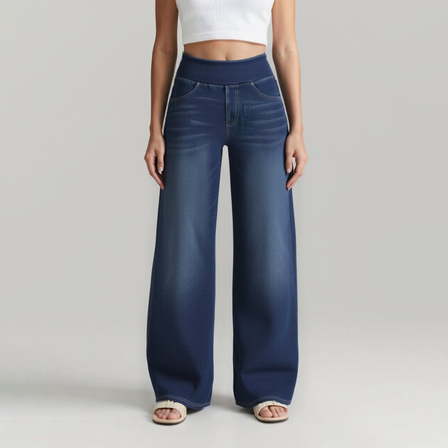 🔥 [Buy 2 Free Shipping] - Plus Size High Waist Comfy Stretch Knit Wide Leg Jeans with Multiple Pockets