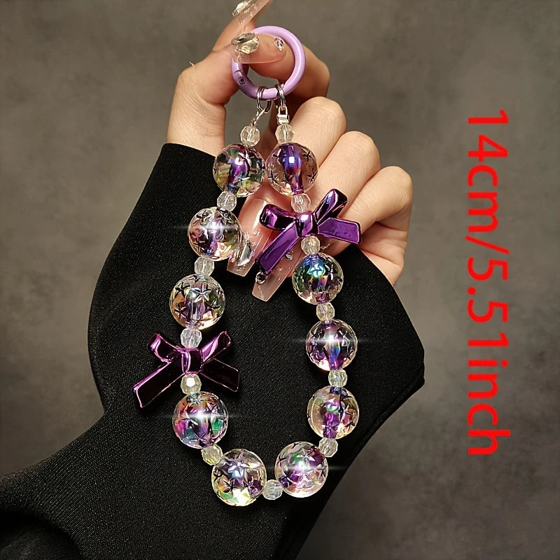 Purple Beaded Lanyard] Elegant Purple Beaded Phone Lanyard with Butterfly Bow Charm | Wrist Strap for Phone Cases, Bags, and Keychains | Perfect Gift Idea for Women