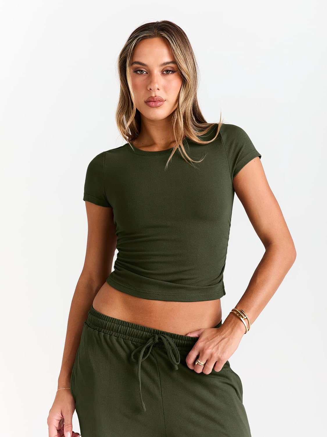 Trendy Queen 2 Piece Matching Summer Sweatsuit Lounge Set Womens Wide Leg Pants Side Ruching Crop Top Sets