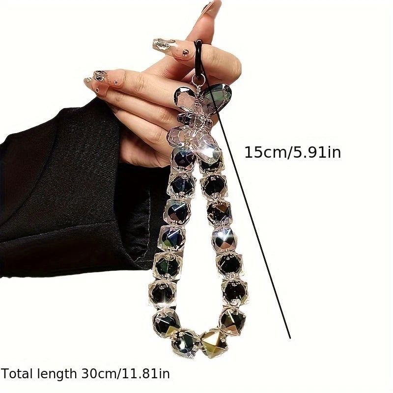 1pc New Style Fashion Black Butterfly Diamond Checkered Mobile Phone Chain Beaded Hand Chain Wrist Short Lanyard With Clip Bag Hanging Parts