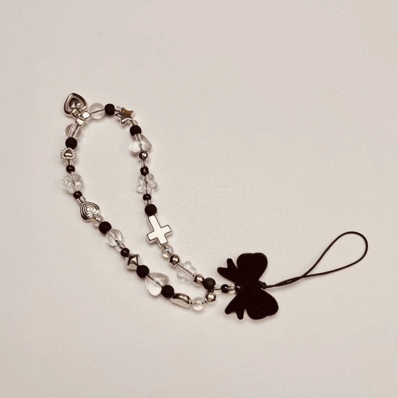 Handmade Pendant] Stylish Handmade Black Heart Pendant Phone Lanyard | Durable Plastic Material, Unique Handmade Touch, Camera Charm Strap, Cross Charm & BeadedDesign