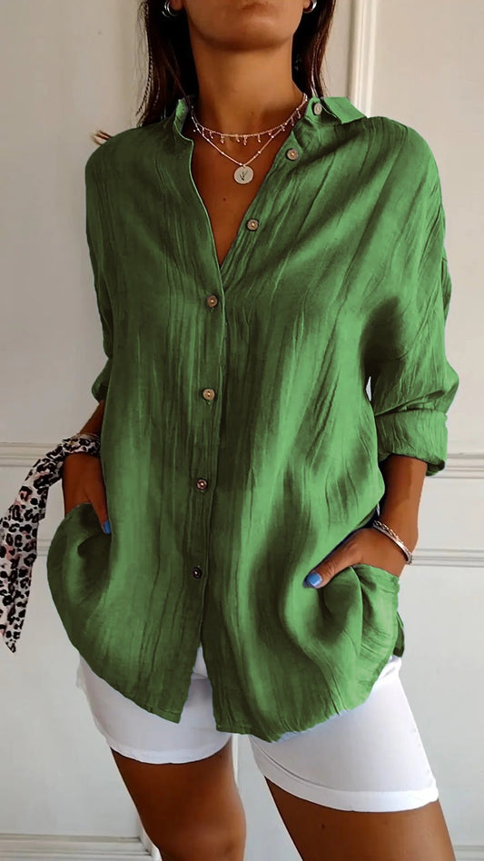 ✨Women's Casual Single-Breasted Pleated Lapel Shirt