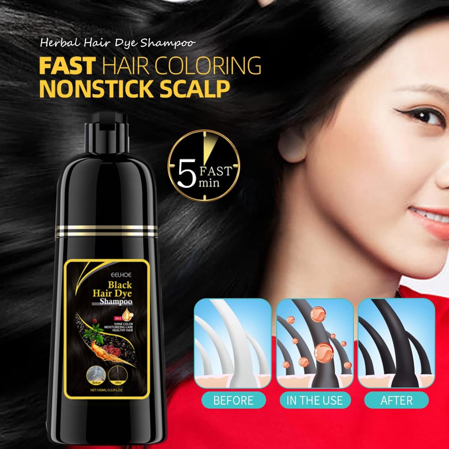 Black Hair Dye Shampoo Instant 3 in 1 +100% Grey Coverage - Herbal Ingredients