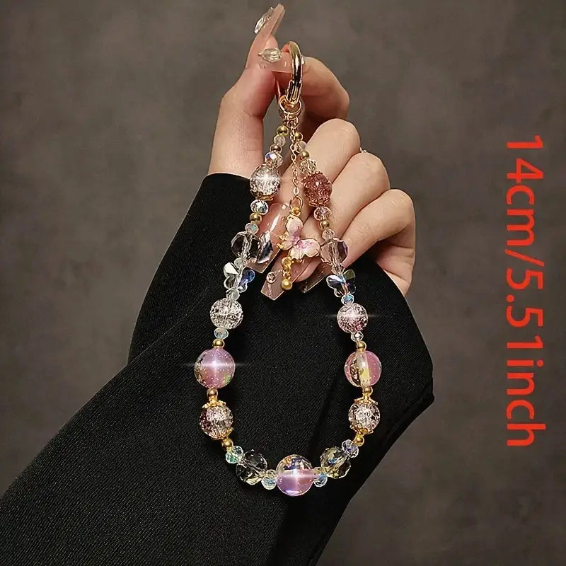 Luxury Butterfly Beaded Phone Wrist Strap with Golden Pearl Accents Handcrafted Mobile Lanyard Keychain Elegant Smartphone Accessory with Transparent Clip