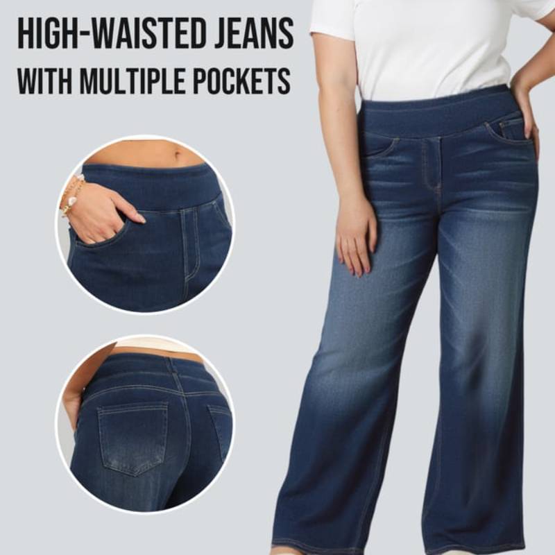 🔥 [Buy 2 Free Shipping] - Plus Size High Waist Comfy Stretch Knit Wide Leg Jeans with Multiple Pockets