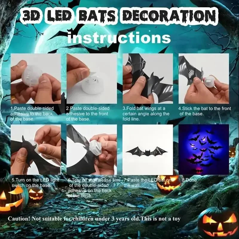 🦇✨ 3D LED Bat Decor Lights - 12 Pc Set with Multi-Color Flashing Lights | Waterproof & Reusable Halloween Window Decals 🎃 Amazon's Choice for Outdoor Scary Decor✨🦇