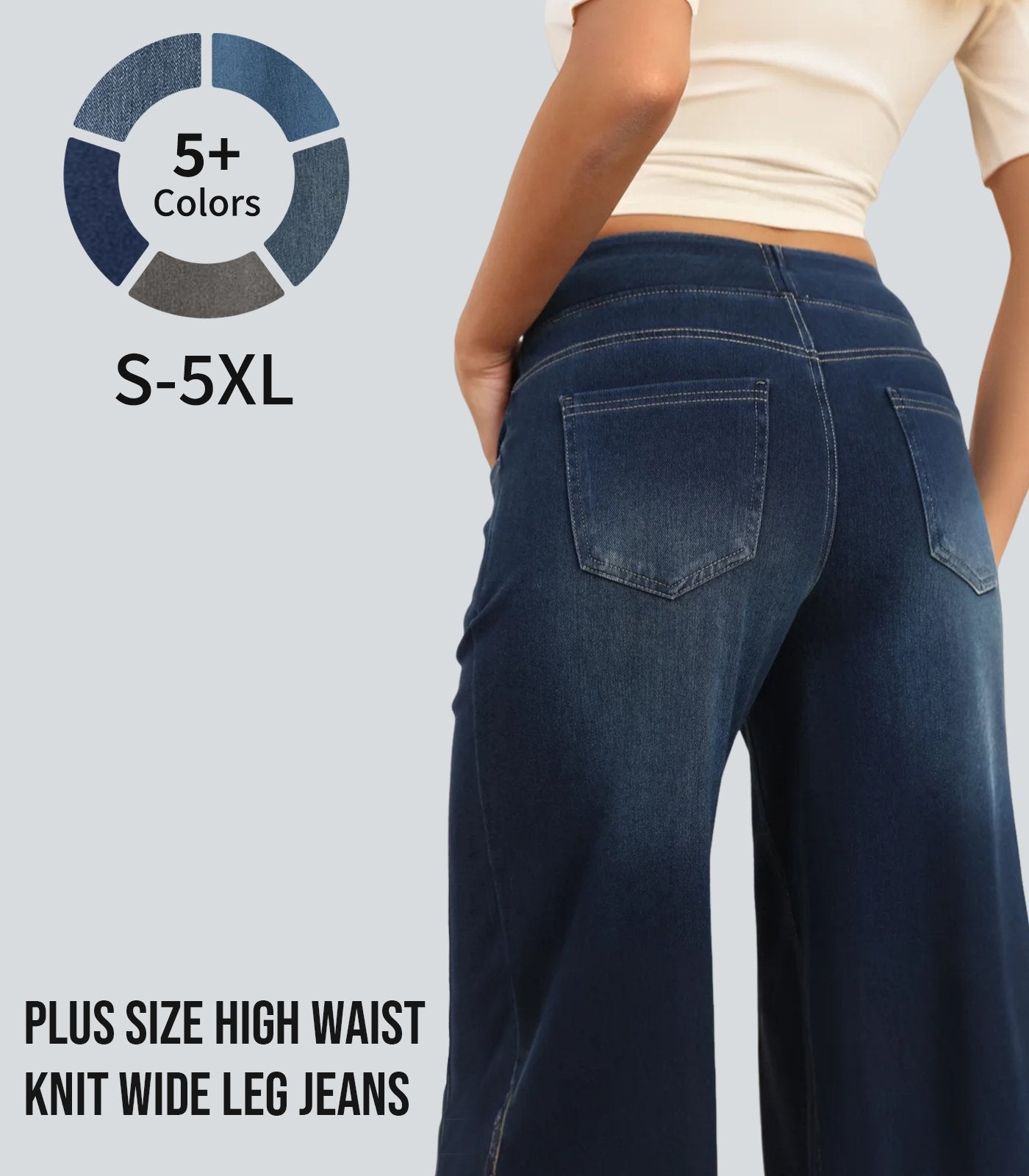 🔥 [Buy 2 Free Shipping] - Plus Size High Waist Comfy Stretch Knit Wide Leg Jeans with Multiple Pockets