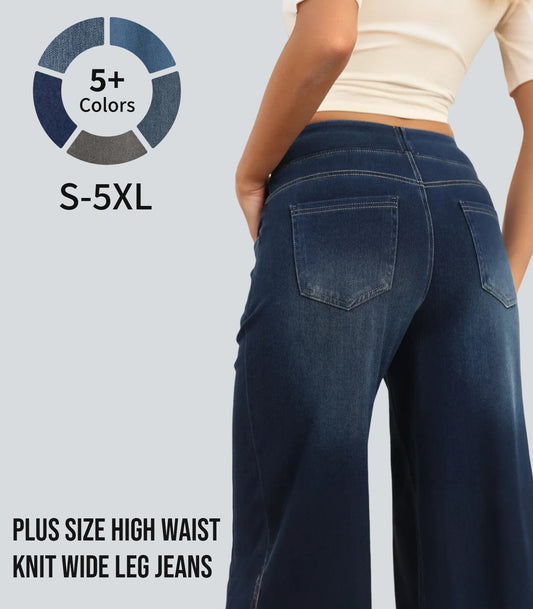 🔥 [Buy 2 Free Shipping] - Plus Size High Waist Comfy Stretch Knit Wide Leg Jeans with Multiple Pockets