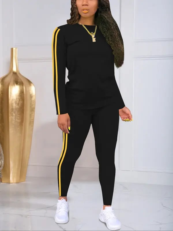 [🔥Buy 2 Free Shipping]Women's Striped Print Long Sleeve Top & Pants Two-piece Set, Casual Fashion Cozy Round Neck Top & Trousers for Daily Outdoor Wear, Ladies Clothes