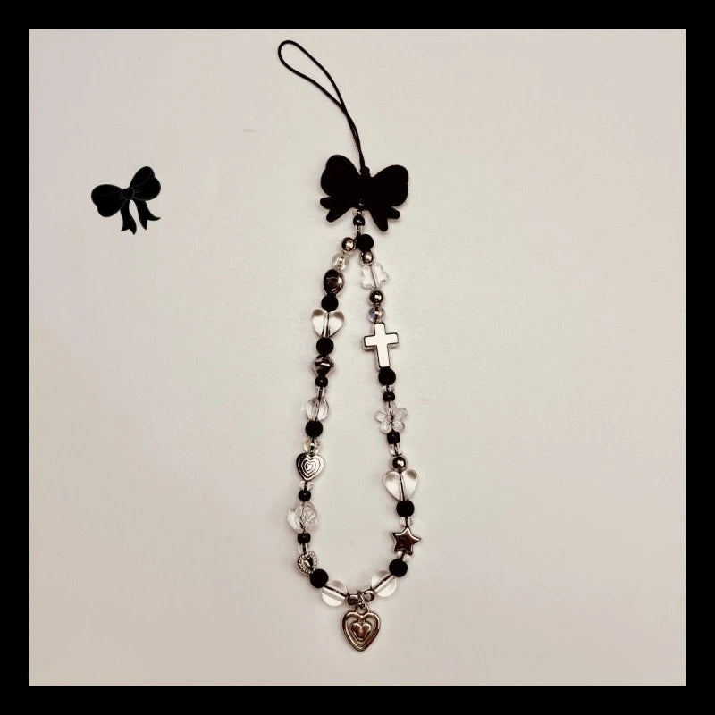 Handmade Pendant] Stylish Handmade Black Heart Pendant Phone Lanyard | Durable Plastic Material, Unique Handmade Touch, Camera Charm Strap, Cross Charm & BeadedDesign
