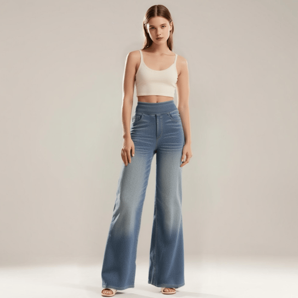 🔥 [Buy 2 Free Shipping] - Plus Size High Waist Comfy Stretch Knit Wide Leg Jeans with Multiple Pockets