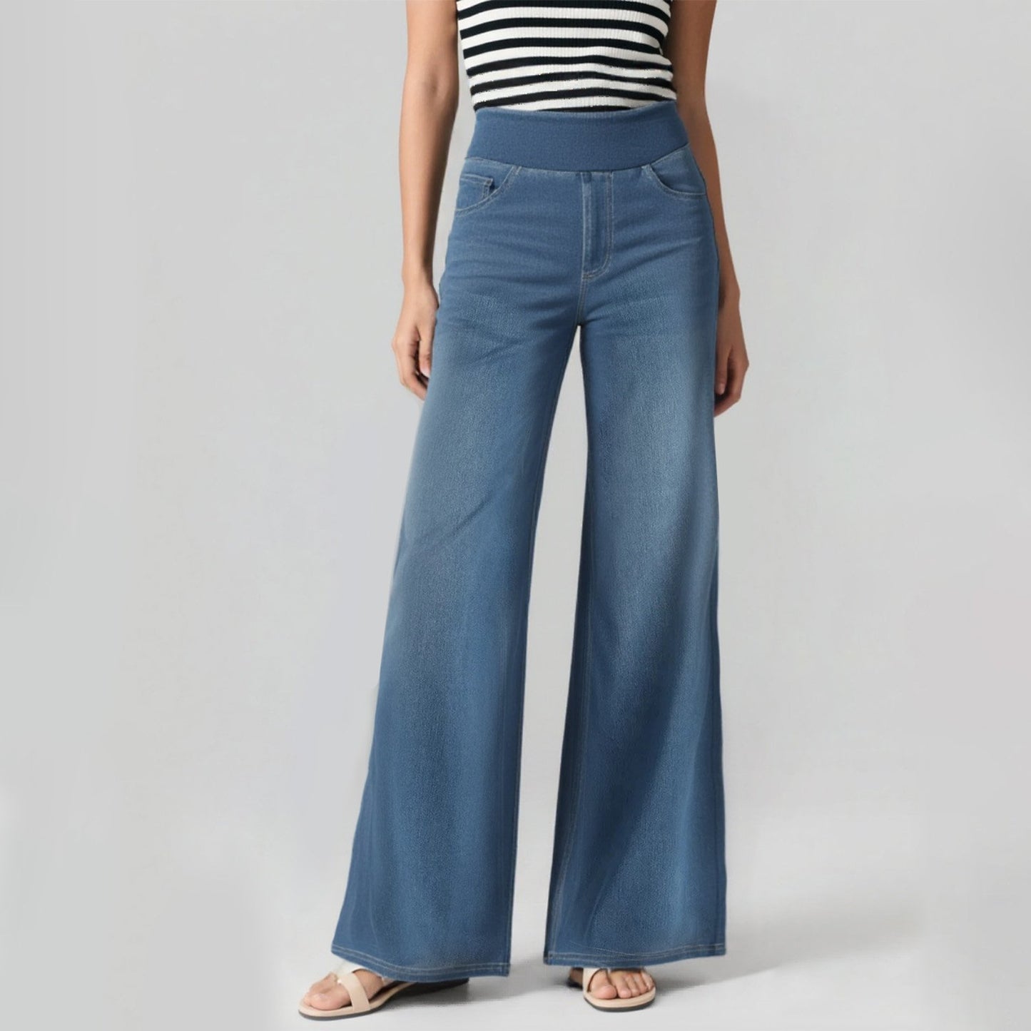 🔥 [Buy 2 Free Shipping] - Plus Size High Waist Comfy Stretch Knit Wide Leg Jeans with Multiple Pockets