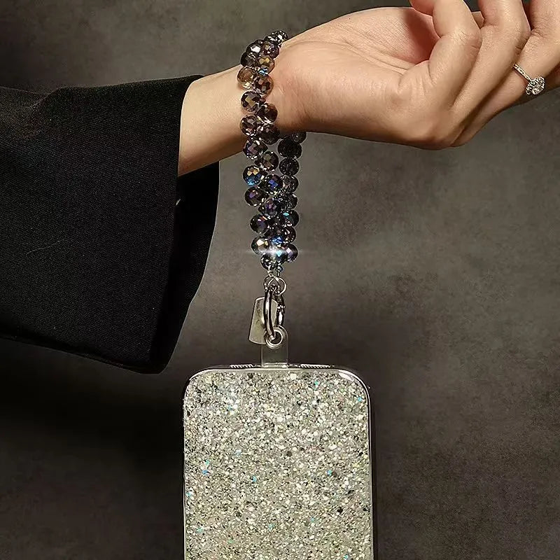 Luxurious High-End Bead Handheld Chain Wrist Short Lanyard with Card Holder Phone Keychain Bag Pendant