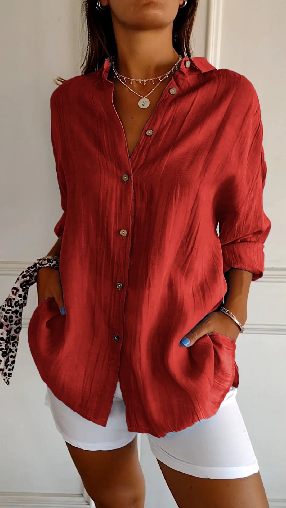 ✨Women's Casual Single-Breasted Pleated Lapel Shirt