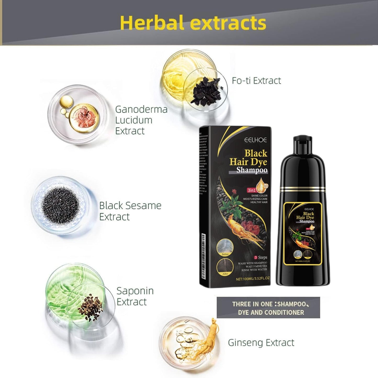 Black Hair Dye Shampoo Instant 3 in 1 +100% Grey Coverage - Herbal Ingredients