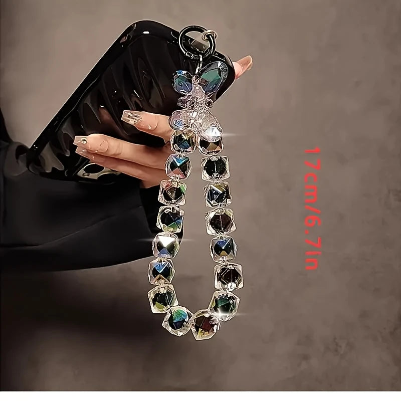 1pc New Style Fashion Black Butterfly Diamond Checkered Mobile Phone Chain Beaded Hand Chain Wrist Short Lanyard With Clip Bag Hanging Parts
