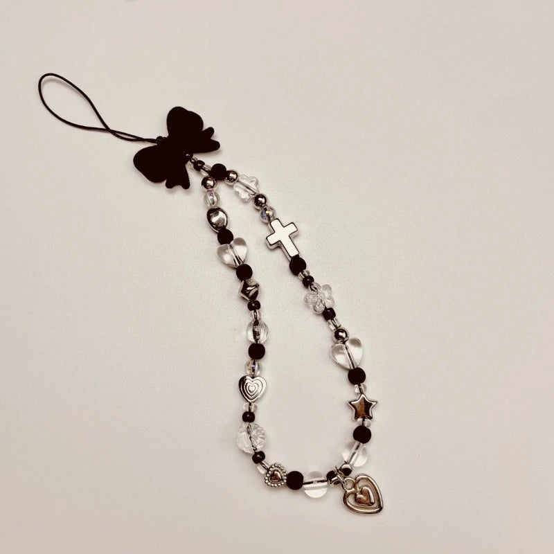 Handmade Pendant] Stylish Handmade Black Heart Pendant Phone Lanyard | Durable Plastic Material, Unique Handmade Touch, Camera Charm Strap, Cross Charm & BeadedDesign
